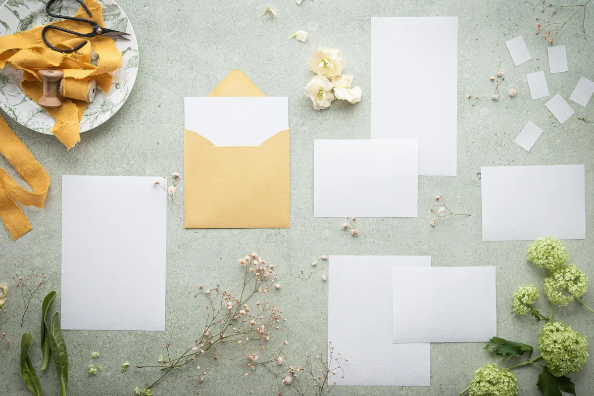 A DIY wedding invitation project with paper, pens, and tools